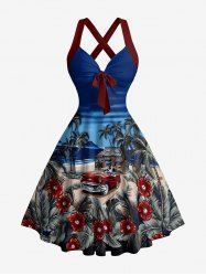 Coconut Tree Cars Hibiscus Flower Tropical Leaf Print Crisscross Straps Bowknot Hawaii Tank Dress -  