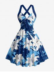 Flowers Tropical Leaf Print Crisscross Straps Bowknot Hawaii Tank Dress -  