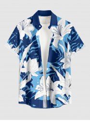 Chemise hawaïenne pour homme à imprimé fleurs et feuilles tropicales, avec boutons et poche - Bleu 3XL