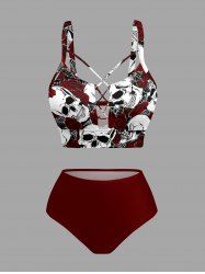 Maillot de bain tankini Hawaï à imprimé crânes et roses avec panneau à lacets - Rouge foncé 2X