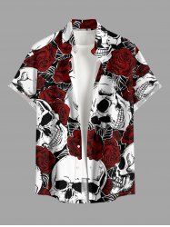 Chemise hawaïenne pour homme à imprimé crânes et roses, avec boutons et poche - Rouge foncé 3XL