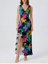 Colorful Flower Leaf Print Hawaii Ruffles Split Dress -  