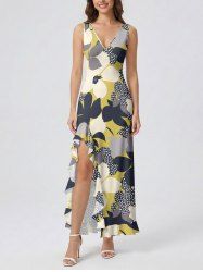 Flower Leaf Print Hawaii Ruffles Split Dress -  