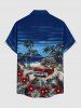 Chemise hawaïenne pour homme à motif d'arbres de coco, voitures, fleurs d'hibiscus et feuilles tropicales, avec boutons et poche - Cadetblue 3XL
