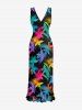 Colorful Flower Leaf Print Hawaii Ruffles Split Dress -  