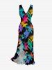 Colorful Flower Leaf Print Hawaii Ruffles Split Dress -  