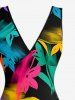 Colorful Flower Leaf Print Hawaii Ruffles Split Dress -  