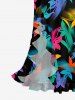 Colorful Flower Leaf Print Hawaii Ruffles Split Dress -  