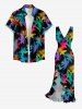 Colorful Flower Leaf Print Hawaii Ruffles Split Dress -  