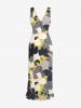 Flower Leaf Print Hawaii Ruffles Split Dress -  