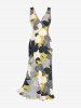 Flower Leaf Print Hawaii Ruffles Split Dress -  