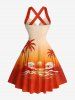 Coconut Tree Sun Seascape Ombre Print Crisscross Straps Bowknot Hawaii Tank Dress -  