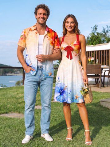 Hibiscus Flower Butterfly Ombre Sea Shell Print Matching Hawaii Beach Outfit For Couples