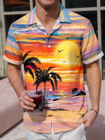 Coconut Tree Seascape Sun Oil Painting Print Buttons Pocket Hawaii Shirt For Men - ORANGE - XL