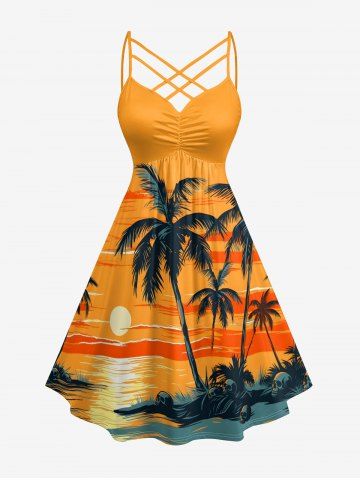 Robe Hawaii à imprimé Cocotier Crânes Paysage Marin Ensoleillé, avec fronces et bretelles entrecroisées en treillis - ORANGE - 6X