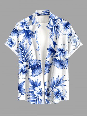 Hibiscus Flower Tropical Leaf Print Buttons Pocket Hawaii Shirt For Men - BLUE - 5XL