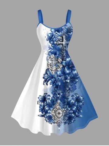 Robe Hawaii Sans Manches à Imprimé Fleurs Croisées Colorblock et Éclaboussures de Peinture (Bretelles Réglables) - BLUE - 3X