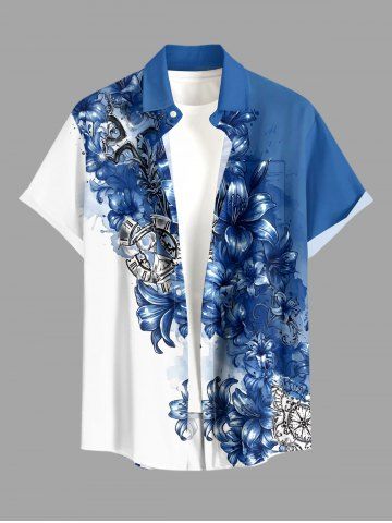 Flowers Cross Colorblock Paint Splatter Print Buttons Pocket Hawaii Shirt For Men - BLUE - 5XL