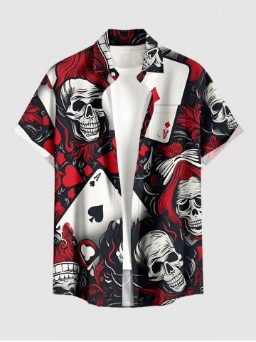Skull Poker Card Print Buttons Pocket Hawaii Shirt For Men - RED WINE - 5XL