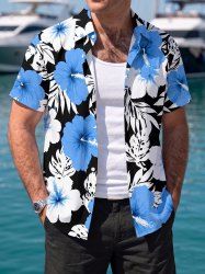 Chemise hawaïenne pour homme à imprimé fleur d'hibiscus et feuilles tropicales, avec boutons et poche - Bleu Ciel 3XL
