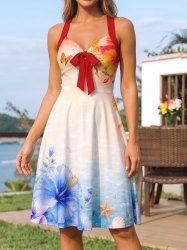 Robe trapèze à imprimé fleur d'hibiscus, papillon et coquillage en dégradé, style Hawaï, avec encolure halter et bretelles croisées - Rouge L