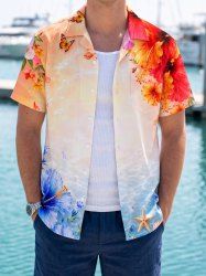 Hibiscus Flower Butterfly Ombre Sea Shell Print Hawaii Button Pocket Shirt For Men -  