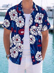 Flowers Leaf Print Buttons Pocket Hawaii Shirt For Men -  