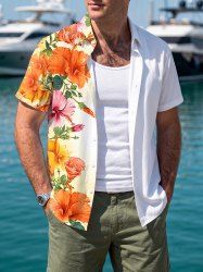 Chemise hawaïenne pour homme à imprimé fleurs et feuilles d'hibiscus, avec boutons et poche - Orange 6XL