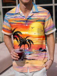 Chemise hawaïenne pour homme avec imprimé peinture à l'huile de paysage marin, cocotier et soleil, boutons et poche - Orange S