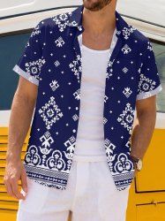 Chemise hawaïenne à motif graphique ethnique avec boutons et poche pour homme - Bleu profond S