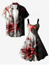 Tenue de plage assortie pour couple, motif fleur et feuille dégradé hawaïen - Rouge 