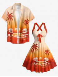 Coconut Tree Sun Seascape Ombre Print Matching Hawaii Beach Outfit For Couples -  