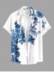 Chemise hawaïenne à poche boutonnée avec imprimé fleurs, feuilles et branches pour homme - Bleu 3XL