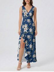 Flowers Leaf Print Hawaii Ruffles Split Surplice Dress -  