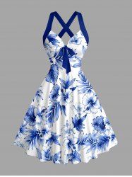 Robe débardeur Hawaii à imprimé hibiscus et feuilles tropicales, bretelles croisées et nœud - Bleu XS
