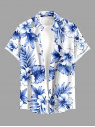 Hibiscus Flower Tropical Leaf Print Buttons Pocket Hawaii Shirt For Men -  
