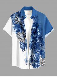 Chemise hawaïenne pour homme à imprimé fleurs, croix, blocs de couleur et éclaboussures de peinture, avec boutons et poche - Bleu 3XL