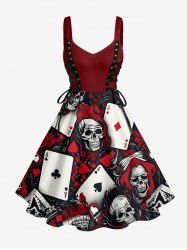 Robe débardeur Hawaï imprimé crâne et cartes de poker avec lacets et œillets - Rouge foncé XXS