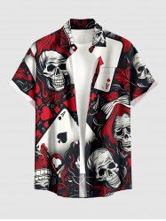 Chemise hawaïenne pour homme à motifs imprimés de crâne et de cartes de poker, avec boutons et poche - Rouge Vineux 3XL