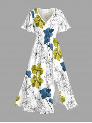 Robe midi trapèze imprimé fleurs et feuilles Hawaii avec poches fendues - Blanc 5X