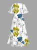 Robe midi trapèze imprimé fleurs et feuilles Hawaii avec poches fendues - Blanc 5X
