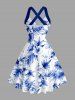 Robe débardeur Hawaii à imprimé hibiscus et feuilles tropicales, bretelles croisées et nœud - Bleu XS