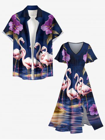 Hibiscus Flower Flamingo Coconut Tree Print Matching Hawaii Beach Outfit For Couples