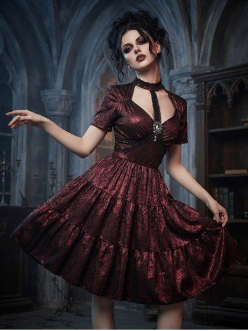 Gothic Sheeny Cut Out Panel Buckle A Line Women Dress - BRICK RED - XXXL
