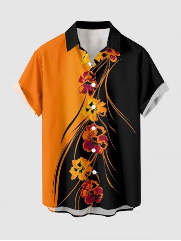 Chemise hawaïenne pour homme à imprimé fleurs, motif colorblock, boutons et poche - ORANGE - S