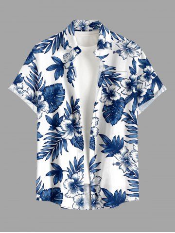 Chemise hawaïenne pour homme à imprimé de fleurs d'hibiscus et de feuilles tropicales, avec boutons et poche - BLUE - 4XL