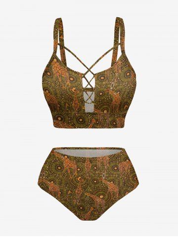 Giraffe Ethnic Floral Print Lace Up Panel Hawaii Tankini Swimsuit - LIGHT BROWN - L