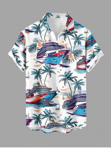 Chemise hawaïenne pour homme avec motif cocotier, soleil, bateau, fleurs et feuilles, boutons et poche