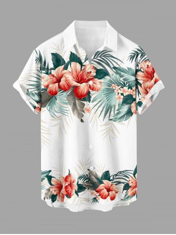 Chemise hawaïenne pour homme à imprimé fleur d'hibiscus et feuilles tropicales, avec boutons et poche