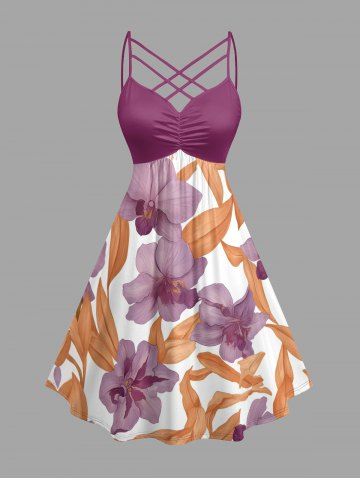 Flower Tropical Leaf Print Hawaii Ruched Crisscross Strappy A Line Dress - DULL PURPLE - M